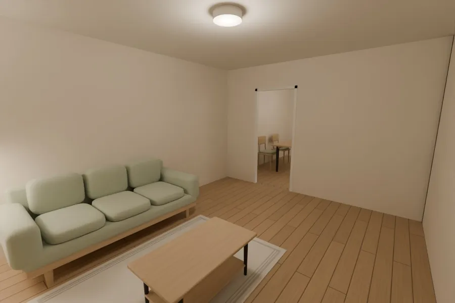 A rendered view inside the sample home's living room