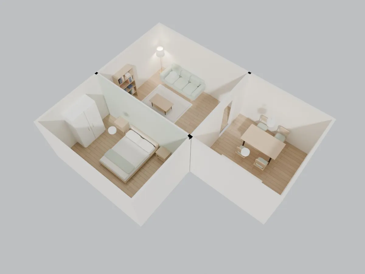 Overview render of the furnished three-room sample home