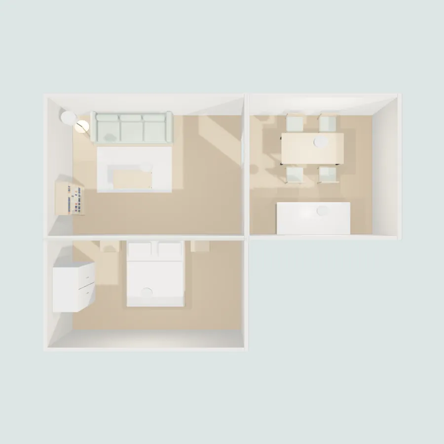 Top view of the three-room sample home, furnished