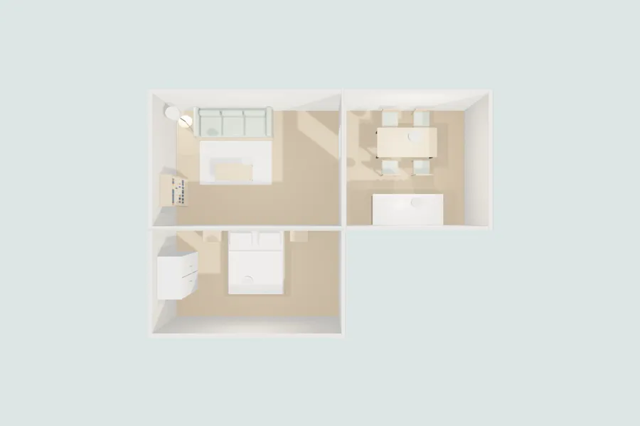 Top view of the sample home: living room, kitchen and bedroom